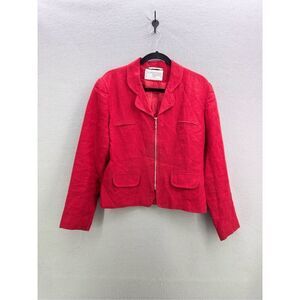 Vintage International Scene Womens Red Linen Zip Front Blazer Jacket Size 12